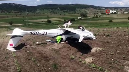 Bursa'dan havalandı Bilecik'te acil iniş yaparken ters döndü!