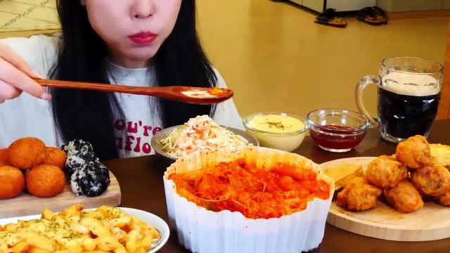 ASMR MUKBANG Fire Spicy Cheese Tteokbokki, Cheese balls, Cheese Hot dog, Rice balls.
