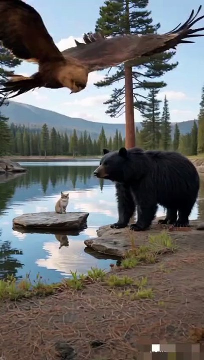 🐾 **Cat, Bear, and Eagle by the Lake** 🦅