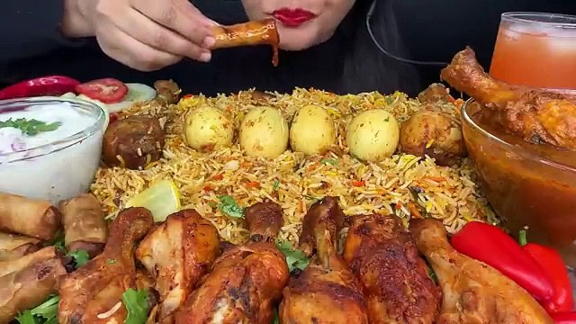 ASMR EATING SPICY HYDERABADI CHICKEN BIRYANI,CHICKEN LEG PIECE,GRILLED CHICKEN,CHICKEN CURRY,RAITA