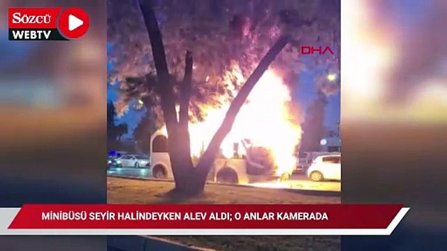 Minibüsü seyir halindeyken alev aldı; o anlar kamerada