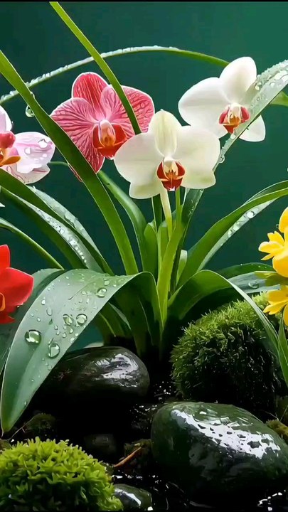 Dew on flowers are water droplets that form because water vapor in the air condenses on the surface of the flower