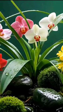 Dew on flowers are water droplets that form because water vapor in the air condenses on the surface of the flower