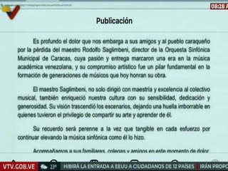 Comunicado | AN lamenta fallecimiento del destacado director de orquesta, Rodolfo Saglimbeni