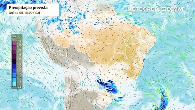 Quinta-feira, 05 de junho: Previsão de nebulosidade e precipitação para a América do Sul entre os dias 05 e 07 de junho.