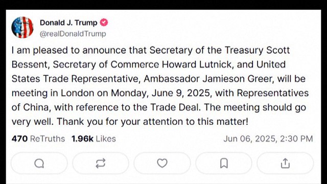 Trump anuncia negociações comerciais entre EUA e China na 2ª feira em Londres