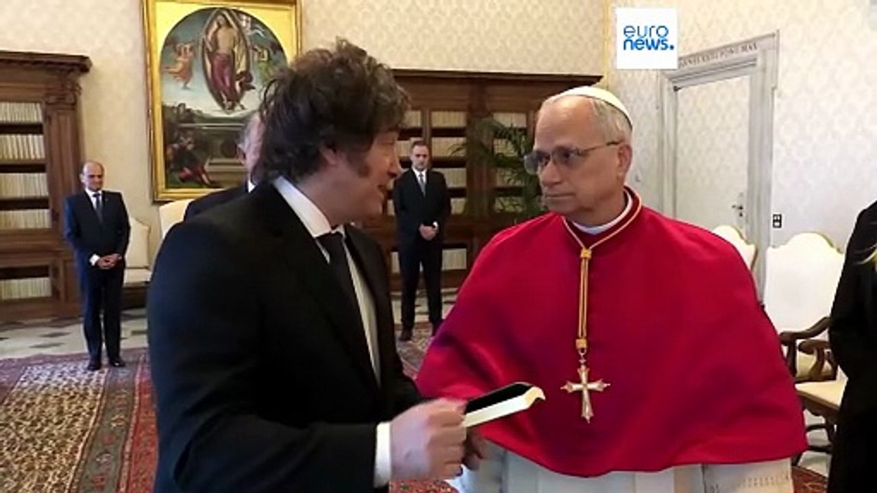 Pope Leo XIV welcomes Argentine President Javie...