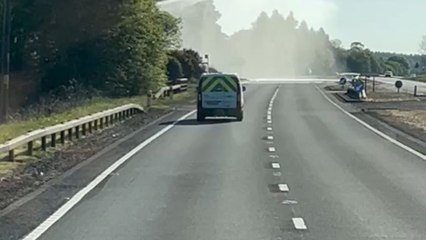 Water jet from trees gives HGV a perfect mid-road wash