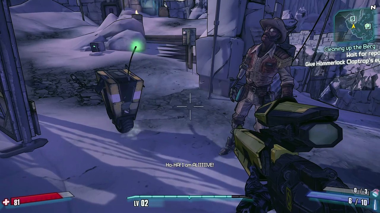 Borderlands 2. Claptrap flips off Hammerlock.