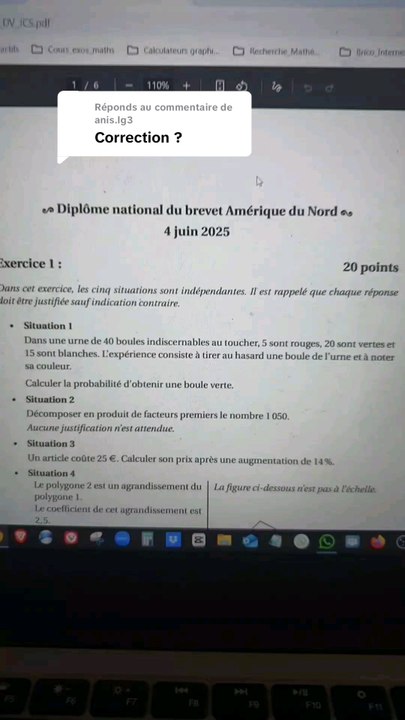 Correction Exercice 1 Brevet de Maths Amérique du Nord tombé le 04/06/25.#brevet #statistiques #probabilite #pourcentage #agrandissement