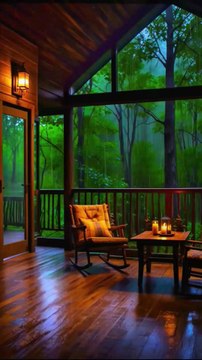 Rainy Evening on a Wooden Cabin Porch with Rocking Chair, Candlelight, and Forest View Through Misty Screens.#short#shorts#shortvideo#reelit #reelfacebook #viral#trending#resort#room#home#house