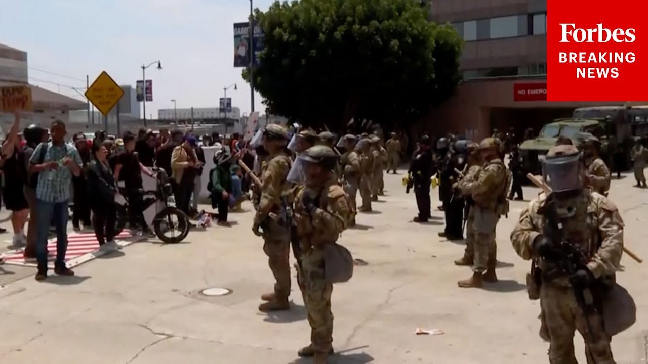 Anti-ICE Protesters Demonstrate In L.A. As National Guard Troops Guard Building