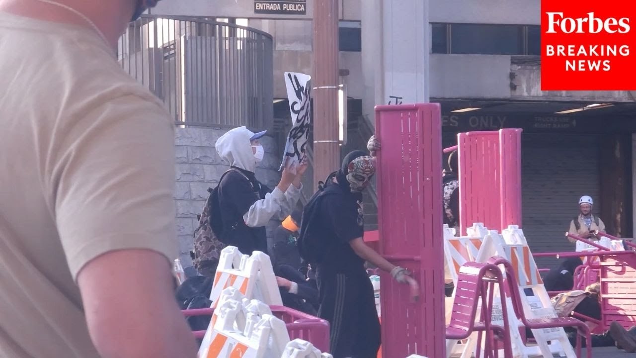 Police And Protesters Face Off During Protests Near City Hall In Los Angeles, California