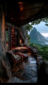 Mountain Lounge with Stone Patio, Wooden Furniture, Glass Doors, Lush Greenery, Ocean View, and Sunset Mountain Vistas.#short#shorts#shortvideo#reelit #reelfacebook #viral#trending#resort#room#home