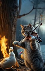 A musical cat playing the violin while a duck quacks rhythmically beside a campfire.