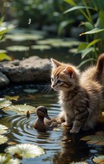 A cat wearing a raincoat and a duck holding an umbrella, walking together in a cozy rainy village scene.