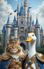 A regal cat and a proud duck standing side by side like royal guards in front of a fairytale castle.