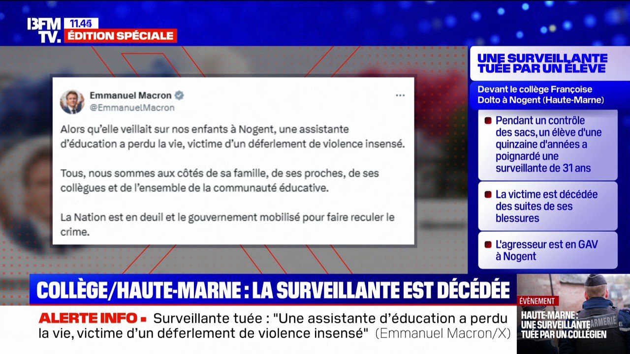 Surveillante tuée à Nogent: Emmanuel Macron dénonce un "déferlement de violence insensé"