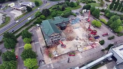 Watch as demolition works continue at iconic pagoda-style former home of The Body Shop in West Sussex