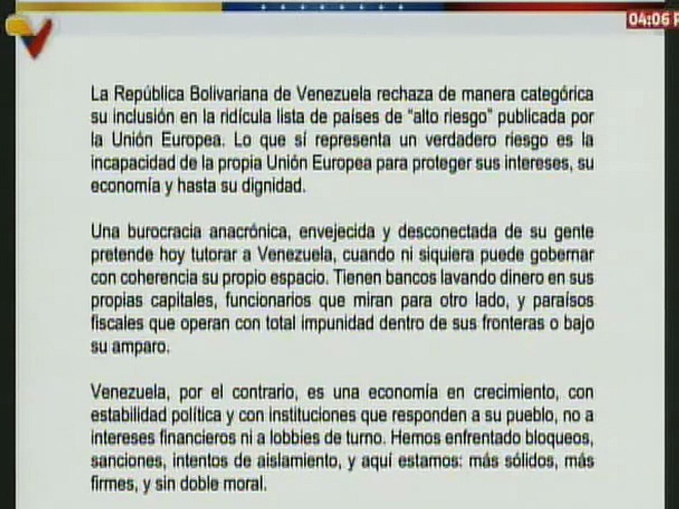 Venezuela rechaza su inclusión a la lista de países de "alto riesgo" publicada por la Unión Europea