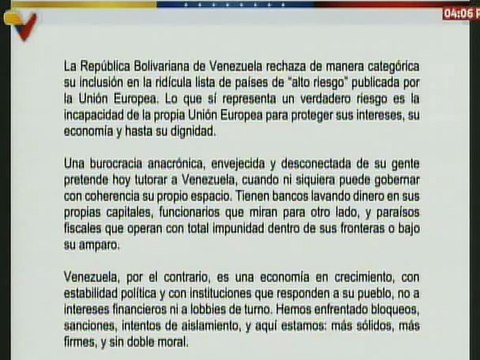 Venezuela rechaza su inclusión a la lista de países de alto riesgo publicada por la Unión Europea