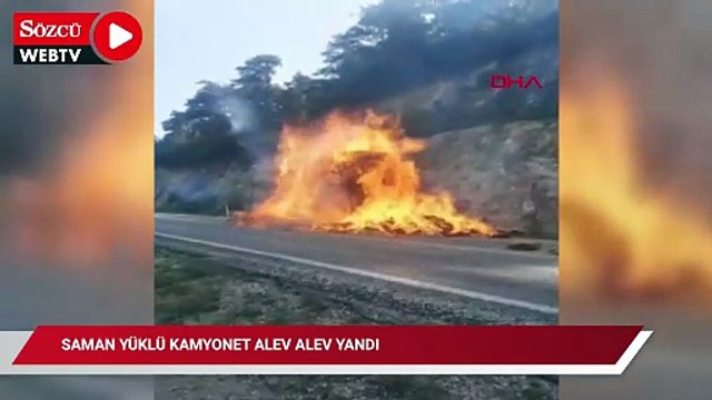 Saman yüklü kamyonet alev alev yandı