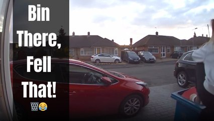 Girl tries to squash trash in bin but ends up falling flat instead