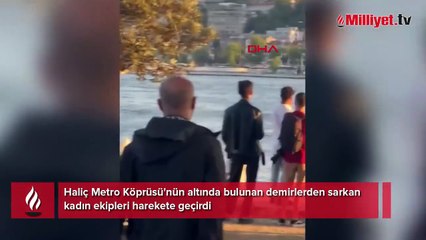 Haliç’te ikna operasyonu: Demirlerden sarkan kadına, vatandaş alkış tuttu