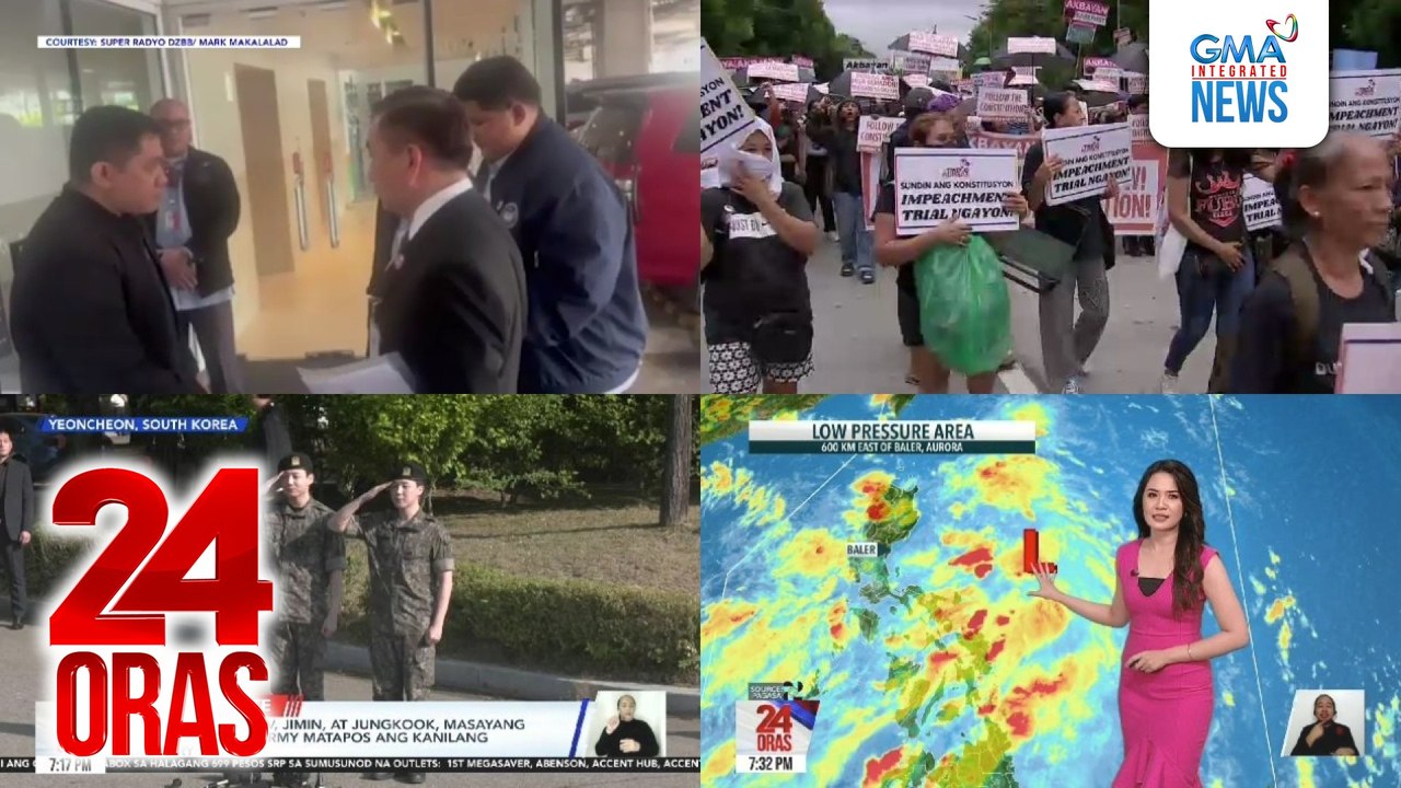 24 Oras: (Part 2) Summons o utos kay VP Duterte na humarap sa impeachment court, natanggap na ng OVP; bagong LPA, nabuo malapit sa bansa; bagyong nasa labas ng PAR, lalong lumakas; BTS members RM, V, Jimin, at Jungkook, masayang sinalubong ng..., atbp.