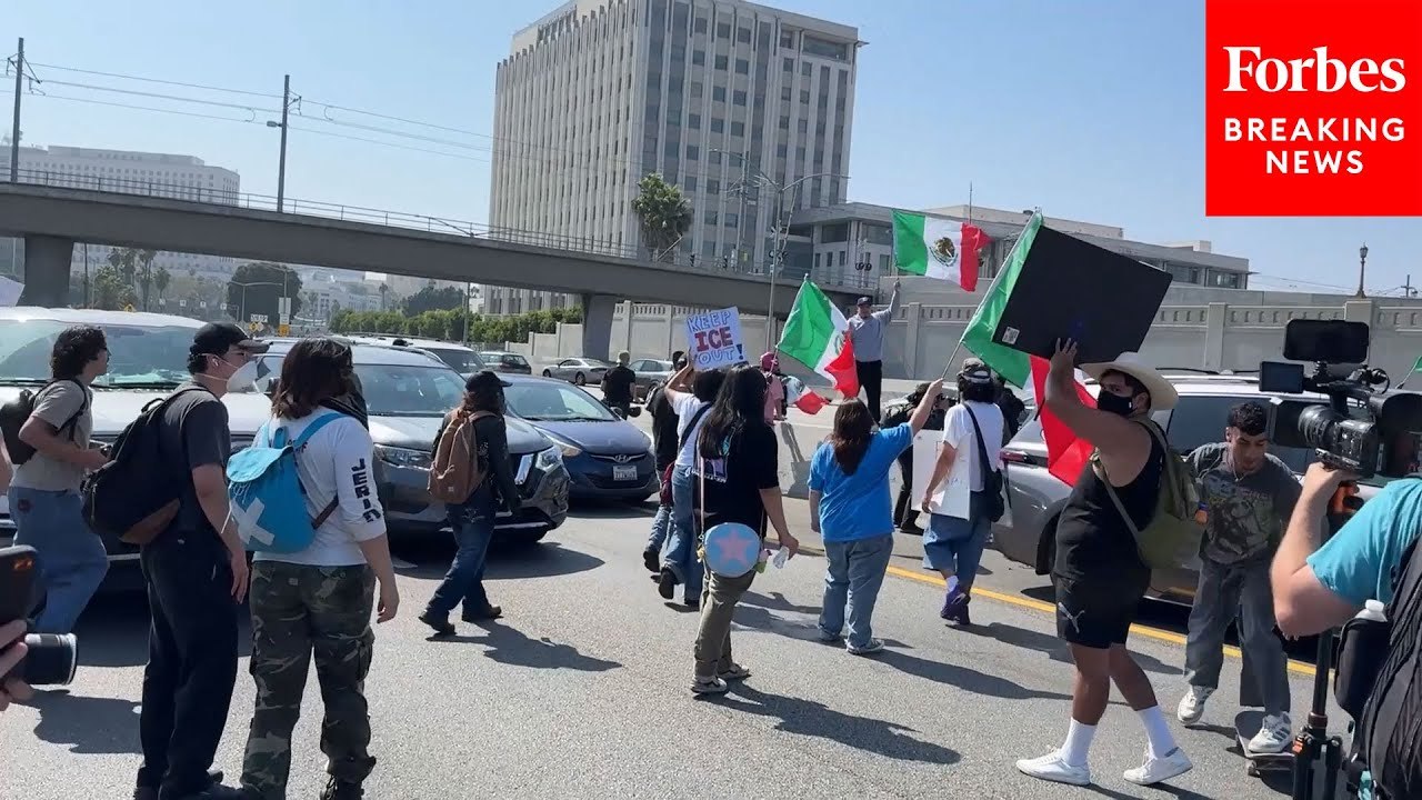 Protesters Block Highway 101 In Los Angeles, California As Anti-ICE Protests Continue