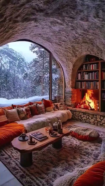 Winter Lounge with Mountain Views, Rustic Stone Interior, Warm Textiles, Roaring Fireplace, and Inviting Cozy Seating Spaces.#short#shorts#shortvideo#reelit #reelfacebook #viral#trending#resort#room#home#house#bedroomoasis#lounge