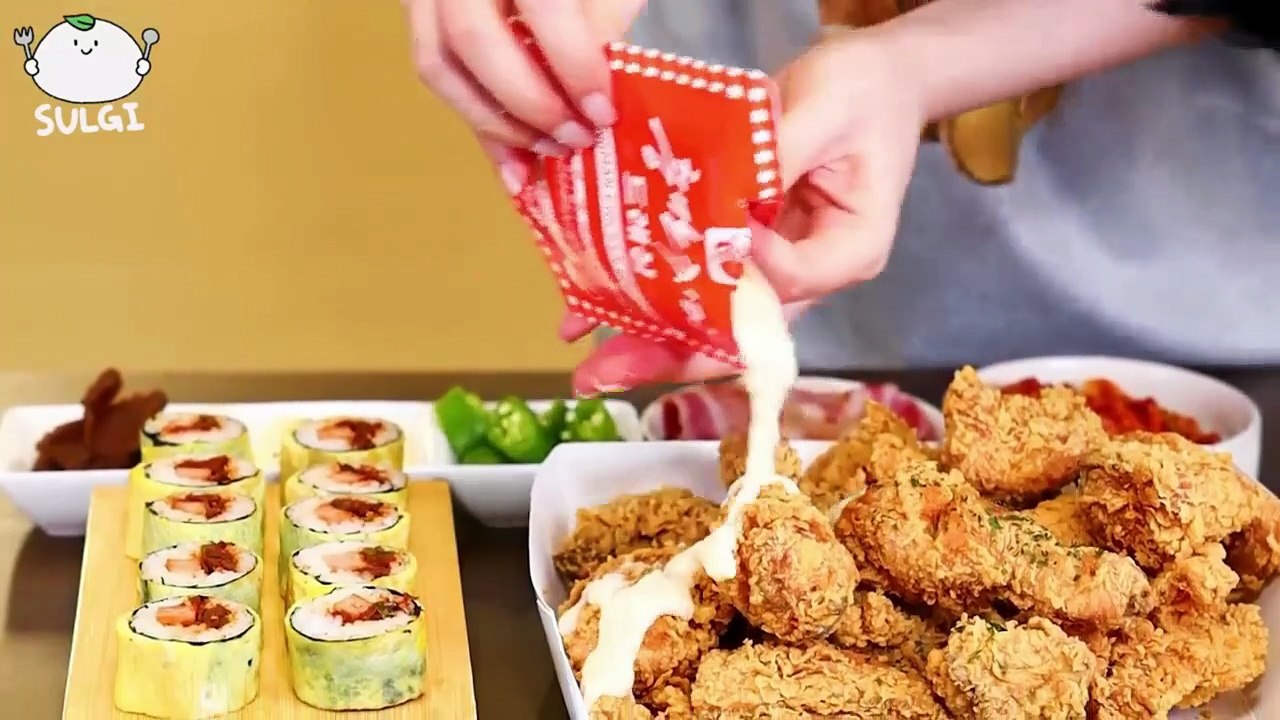 ASMR MUKBANG Cream Fire Noodles, Crispy Fried Chicken, Spam Kimbap, Cheese ball, Bacon.