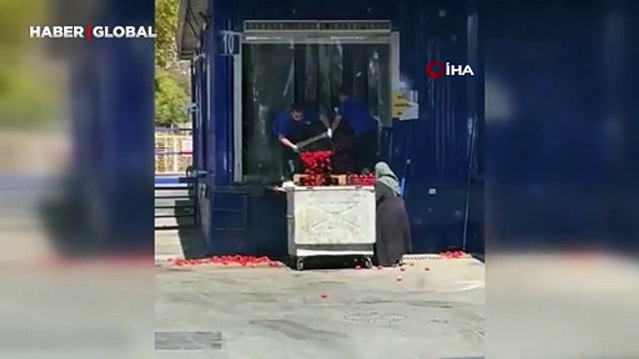 Şaşırtan anlar: Zincir markette kasalar dolusu domates çöpe döküldü