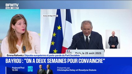 Vote de confiance: "Je crois qu'hier François Bayrou a présenté sa démission", affirme Emma Rafowicz (PS)