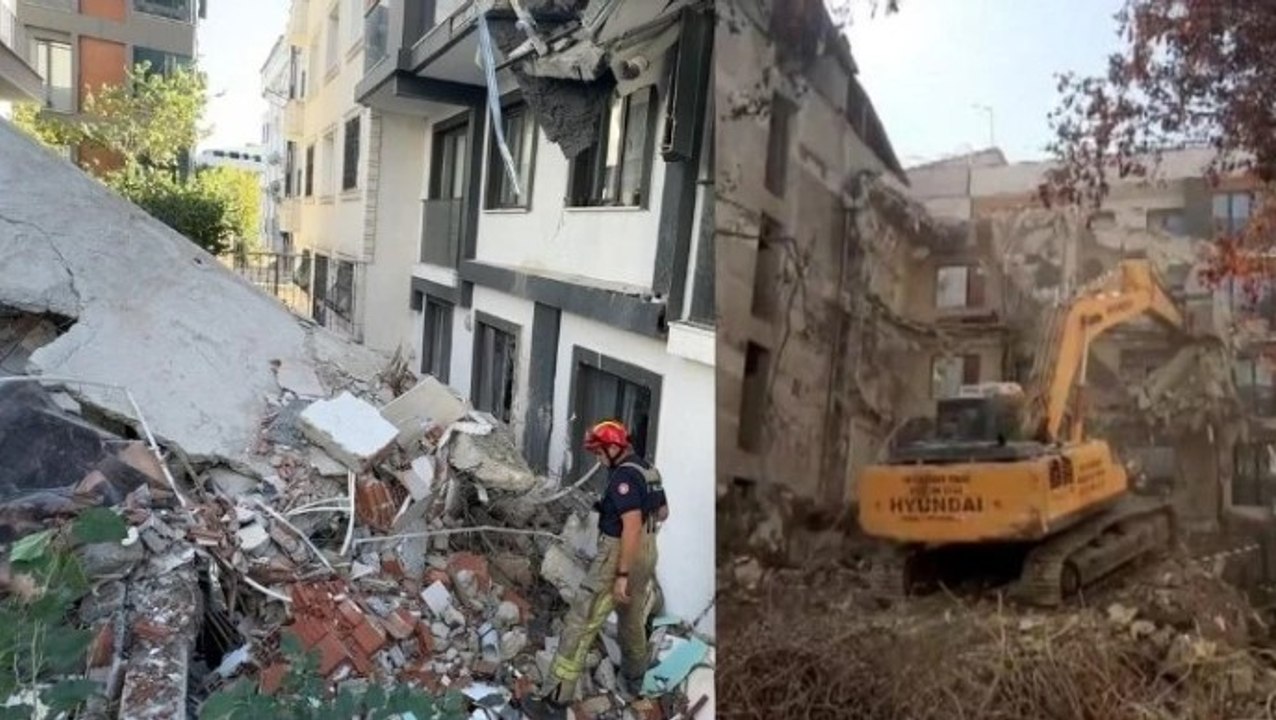 Avcılar’da yıkım sırasında devrilen binayı iş makinesi ile tutmaya çalıştılar