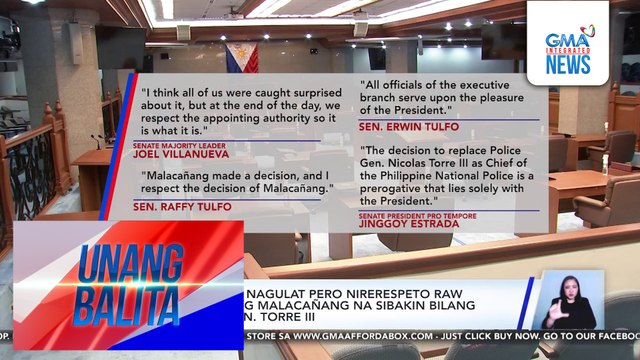 Ilang senador, nagulat pero nirerespeto raw ang desisyon ng Malacañang na sibakin bilang PNP Chief si PGen. Torre III | Unang Balita