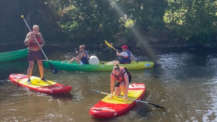 Paddle-boarding attempt ends in laughter as one fall leads to another in this comical family mishap moment