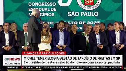 Michel Temer elogia Tarcísio e pede que parlamentares sigam exemplo do governador de SP