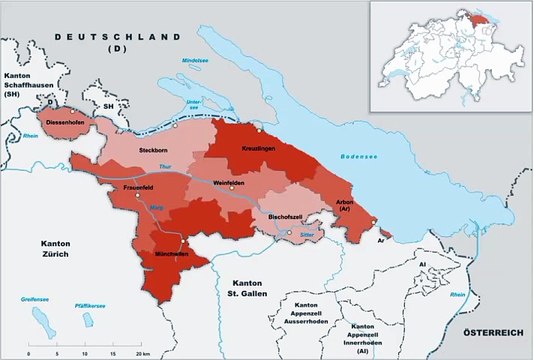Map of Thurgau Canton. Peta Kanton Thurgau. Thurgau Canton Map. Map of Canton of Thurgau. Canton of Thurgau Map. Karte des Kantons Thurgau. Carte du canton de Thurgovie. Mappa del Canton Turgovia. Mapa do cantão de Thurgau. Mapa del cantón de Turgovia