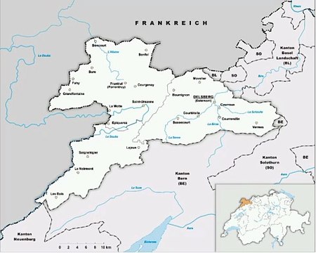 Map of Jura Canton. Peta Kanton Jura. Jura Canton Map. Map of Canton of Jura. Canton of Jura Map. Karte des Kantons Jura. Carte du canton du Jura. Mappa del Canton Giura. Mapa do Cantão de Jura. Mapa del cantón del Jura. Mapa kantonu Jura. ジュラ州の地図. 汝拉州地图