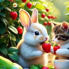 cute little bunny and kitten playing.