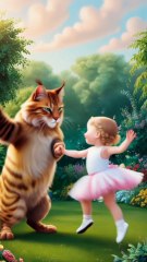 pretty little baby and big cute cat dancing