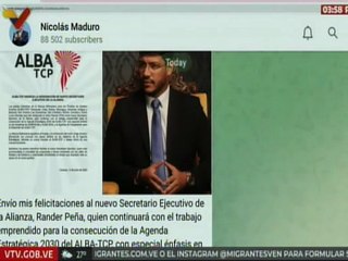 Jefe de Estado felicita al nuevo secretario ejecutivo de la alianza ALBA-TCP Rander Peña