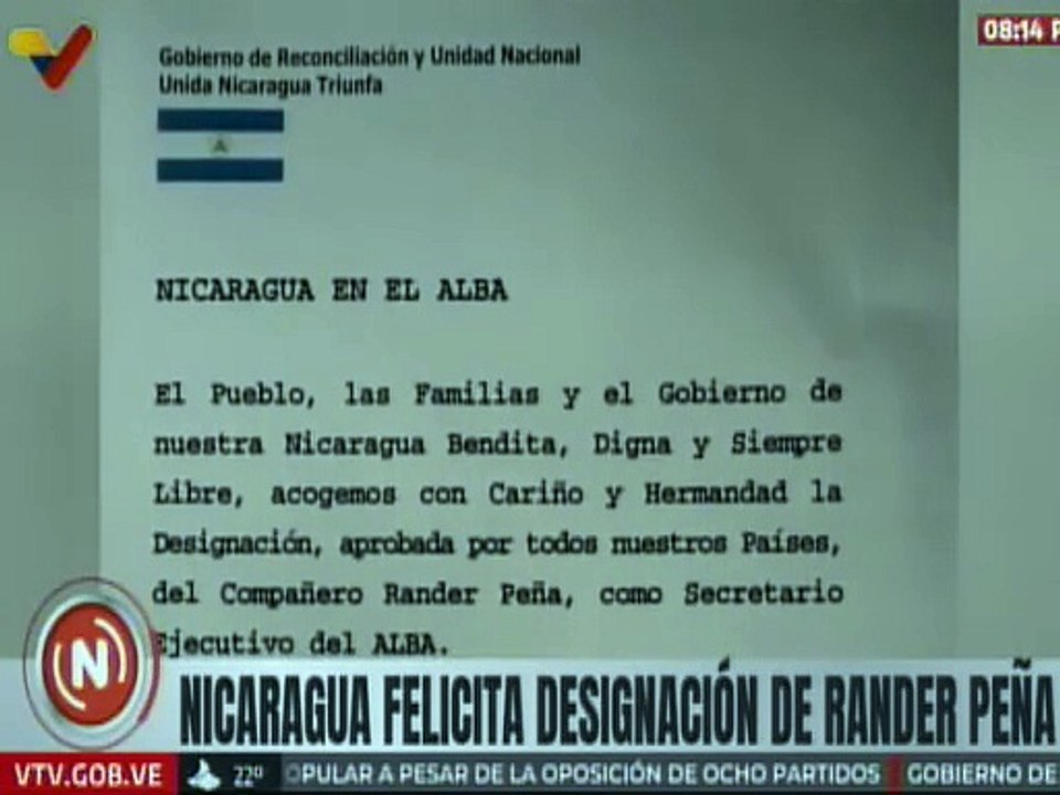 Gobierno Nicaragua felicita la designación de Rander Peña como secretario ejecutivo del ALBA-TCP