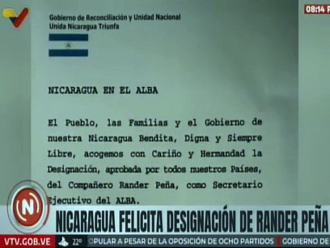 Gobierno Nicaragua felicita la designación de Rander Peña como secretario ejecutivo del ALBA-TCP