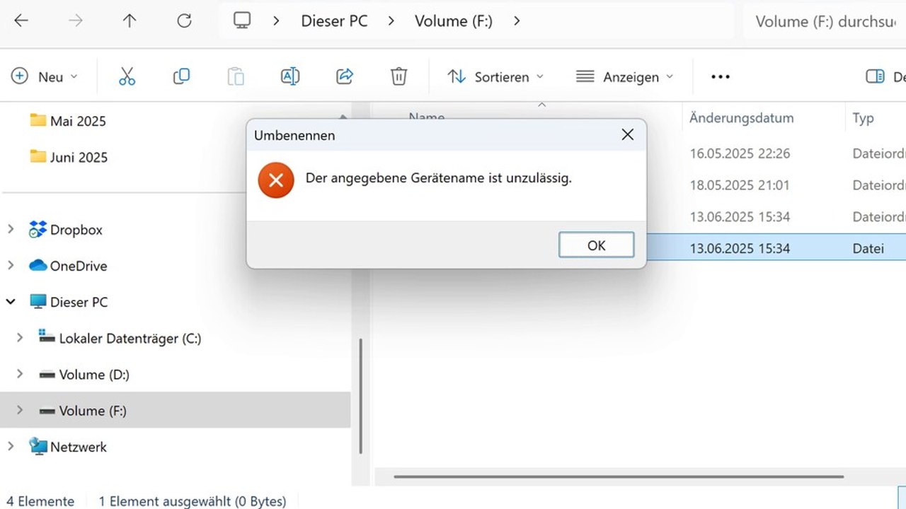 So sieht es aus, wenn ihr Datei- und Ordnernamen nutzen wollt, die Windows bis heute nicht erlaubt