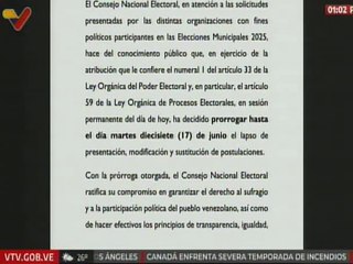 CNE da prórroga hasta el 17 de junio lapso de presentación, modificación y sustitución de postulaciones