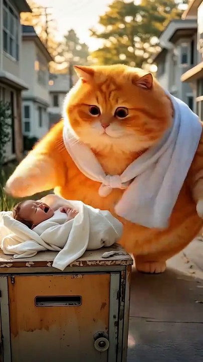 Chubby cat save a baby