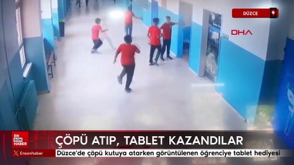 Düzce'de çöpü kutuya atarken görüntülenen öğrenciye tablet hediyesi