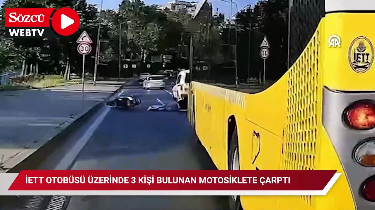 Eyüpsultan'da İETT otobüsünün üzerinde 3 kişi bulunan motosiklete çarpması kamerada